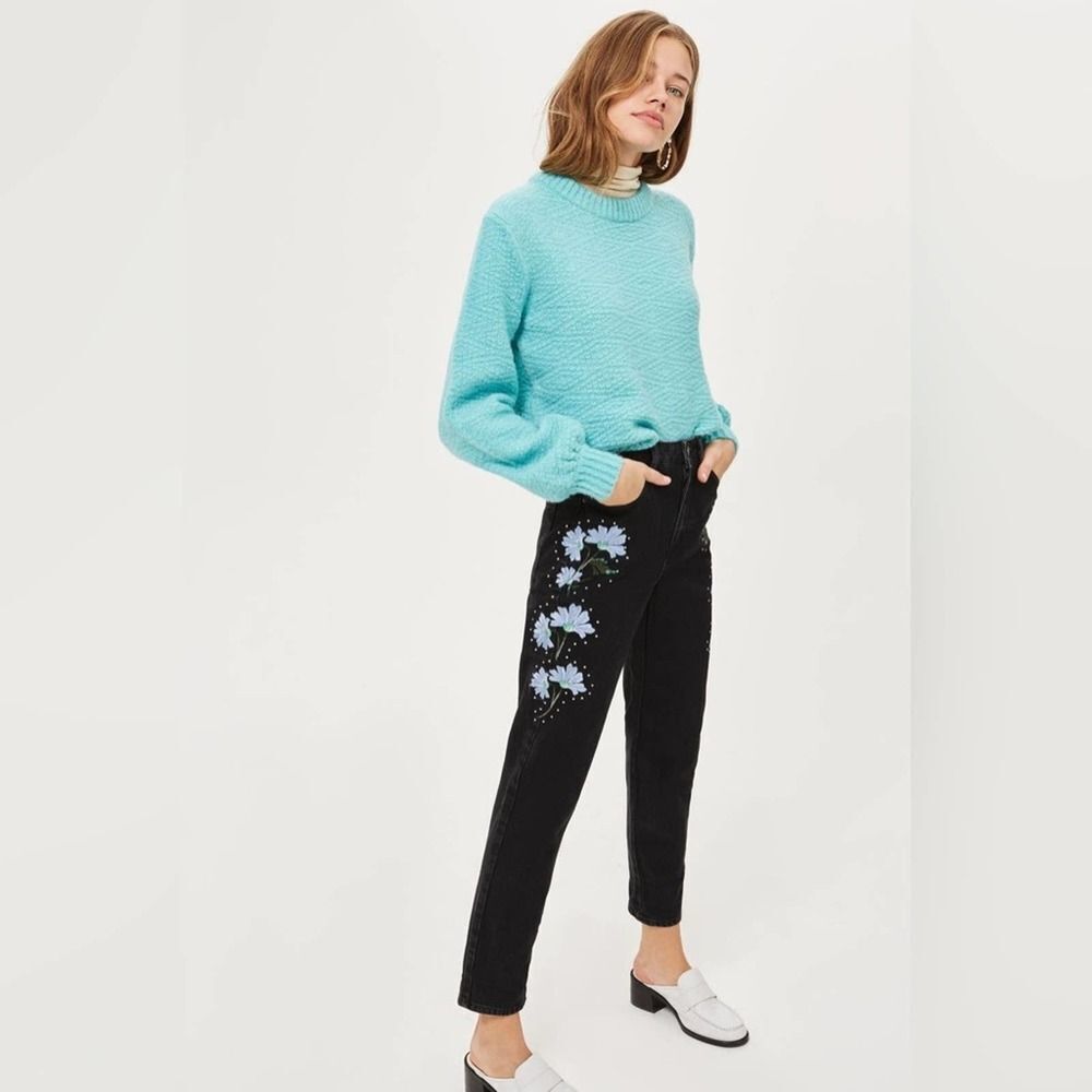 Topshop EUC Moto Black Floral Embroidery Mom Fit Jeans Size 26
